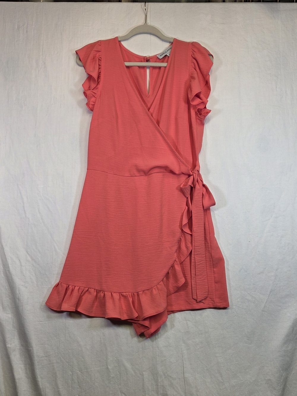 Emma & Michele Coral Pink Wrap Ruffle Mini Dress. #0318